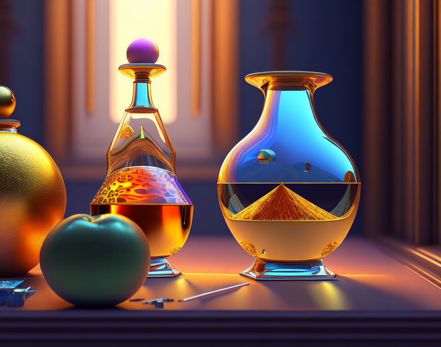 Colorful still life with glass flasks, fruit, and pyramid reflection on warm background