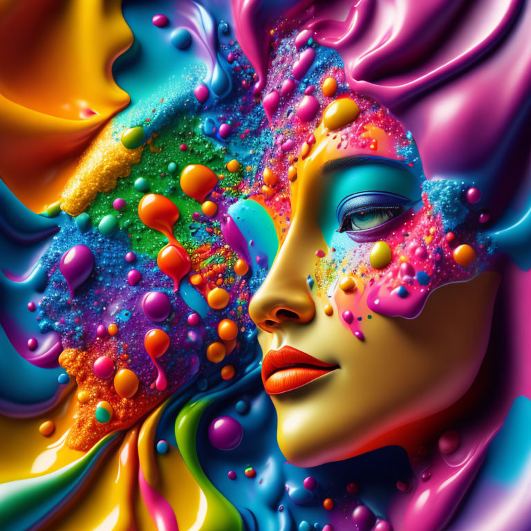 Colorful digital artwork: Woman's face with abstract liquid shapes