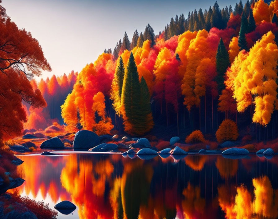 Tranquil autumn landscape with colorful trees reflected on a calm lake