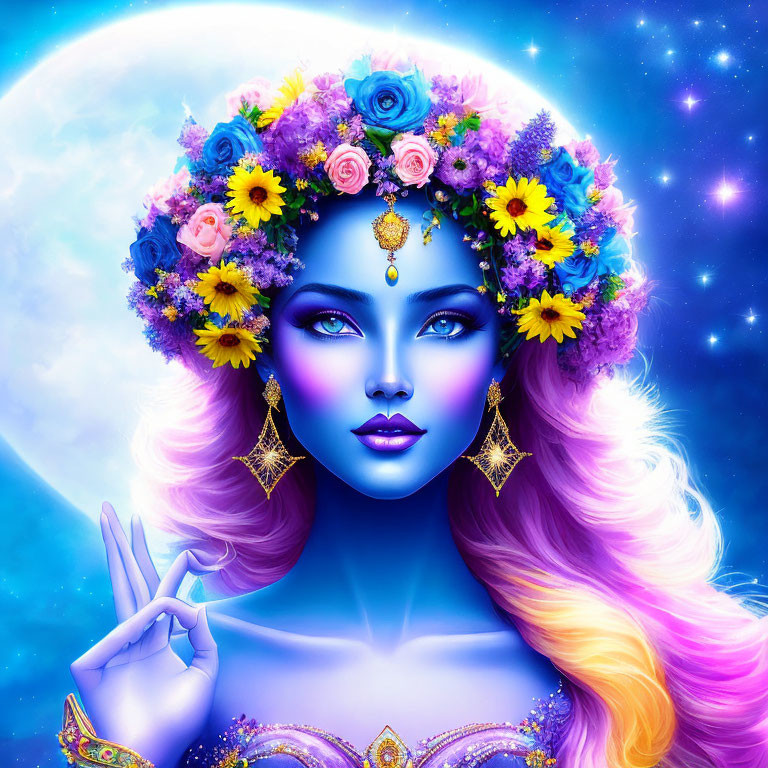 Purple-skinned woman with floral crown in mystical setting