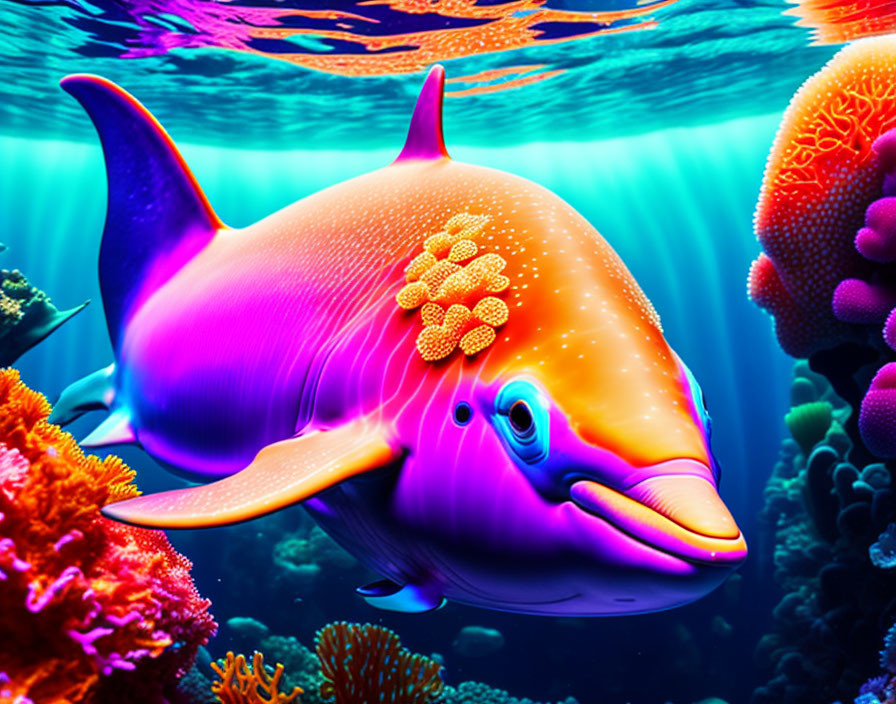 Colorful Dolphin Swimming Among Underwater Coral