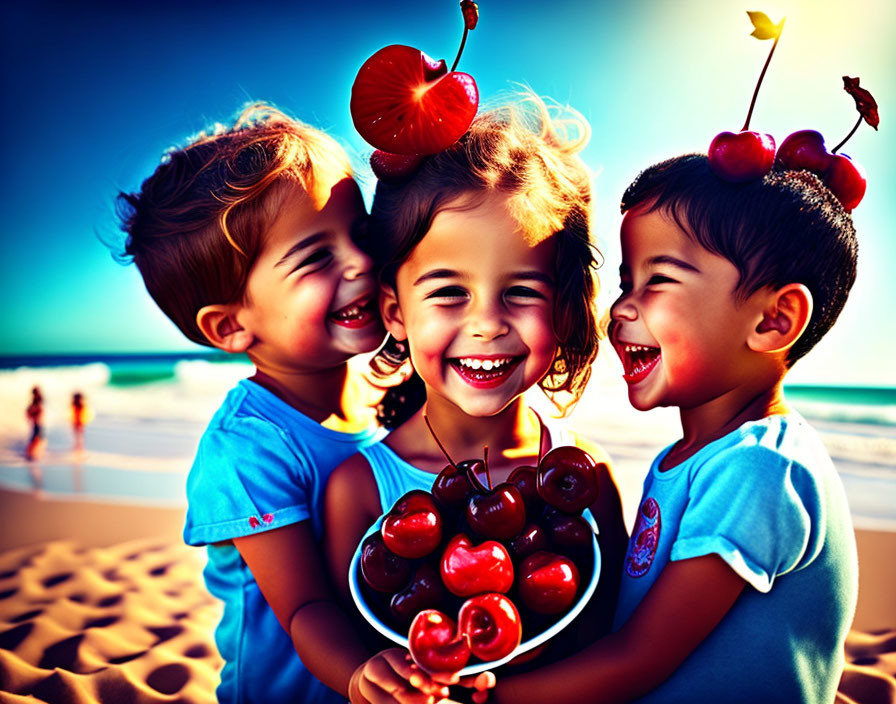 Three Children Sharing Cherries on Sunny Beach