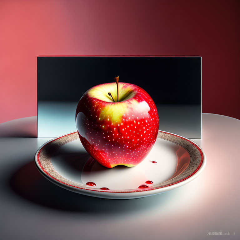 Shiny red apple with water droplets on ornate plate in front of red background