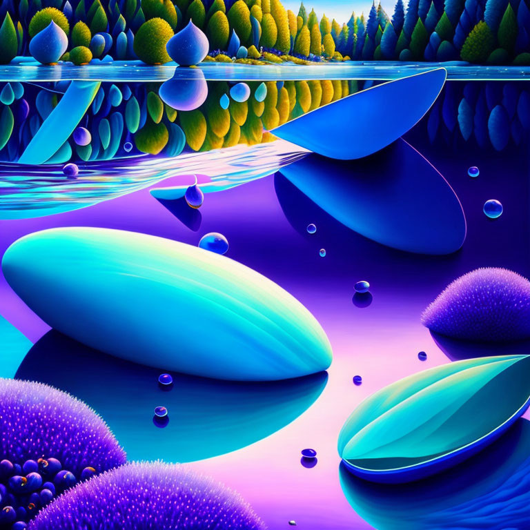 Vivid surreal landscape with reflective surfaces by tranquil water