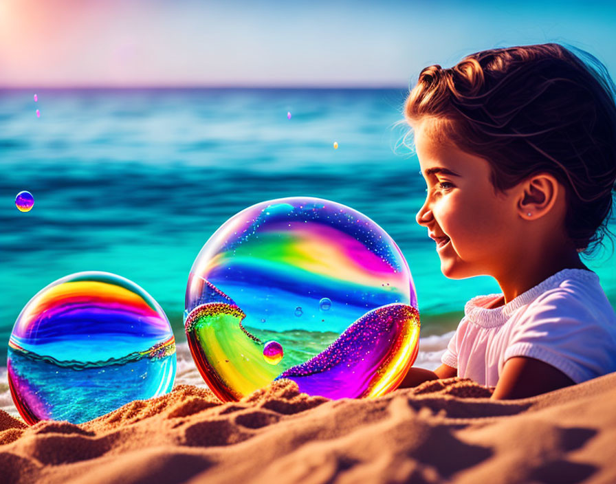 Young girl on beach gazes at colorful bubbles in clear blue sky