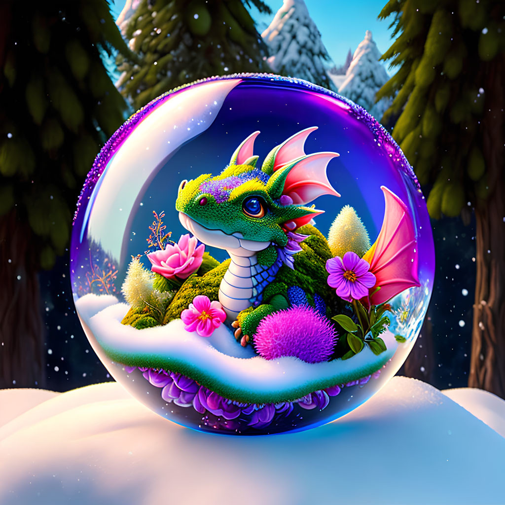 Colorful Dragon Snow Globe with Pink Flowers and Snowy Landscape