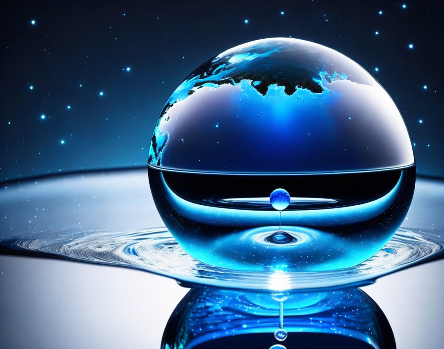 Digital artwork of spherical water droplet with Earth-like planet, surface droplet, starry background