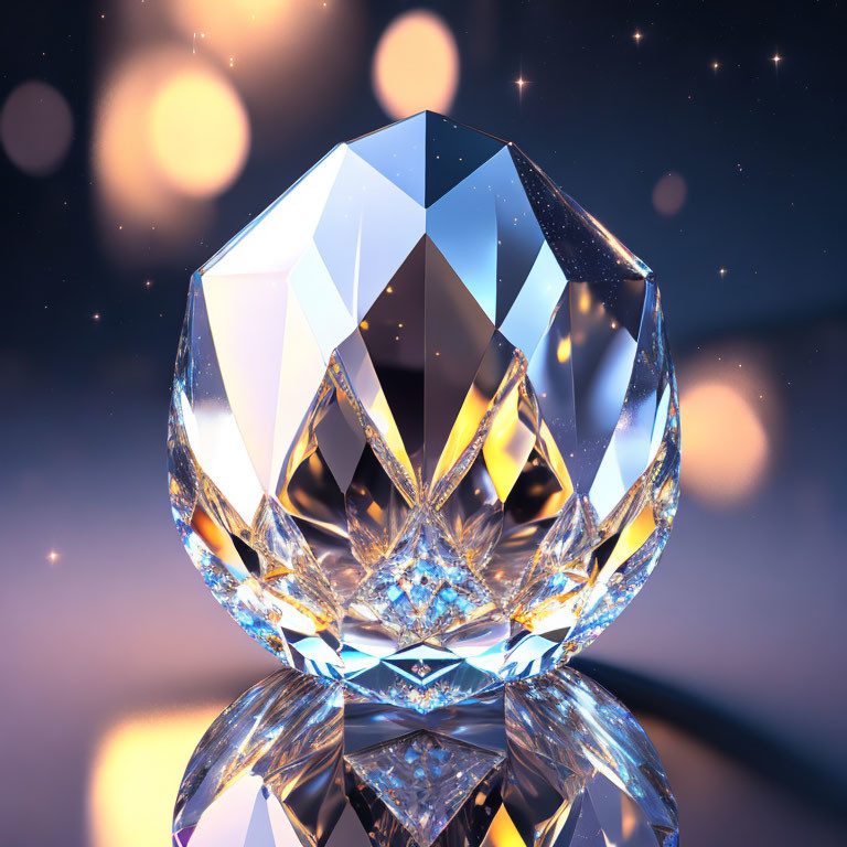 Multifaceted crystal reflecting light on warm bokeh background