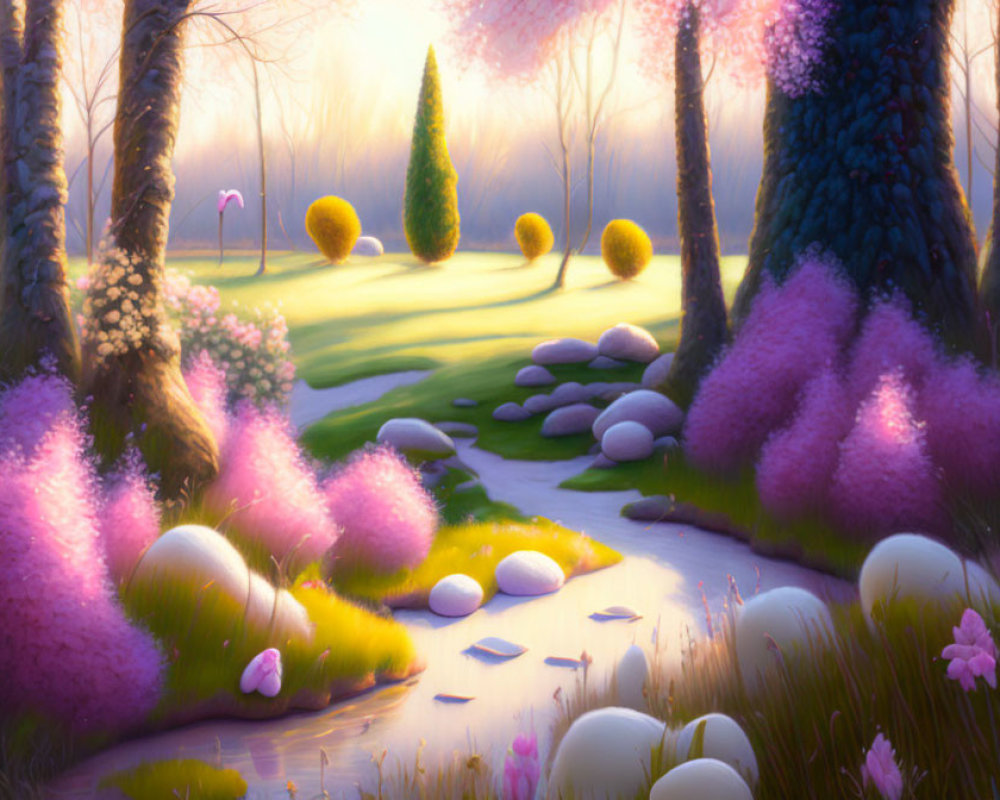 Tranquil fantasy garden with pink flora, yellow bushes, white stones, and meandering stream at