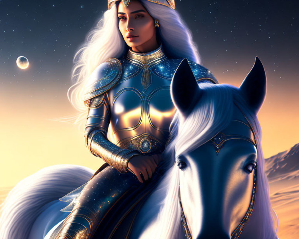 Warrior woman in fantasy armor riding a horse under twilight sky