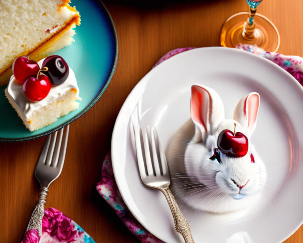 Whimsical dining setup with cake, rabbit illustration, and glassware