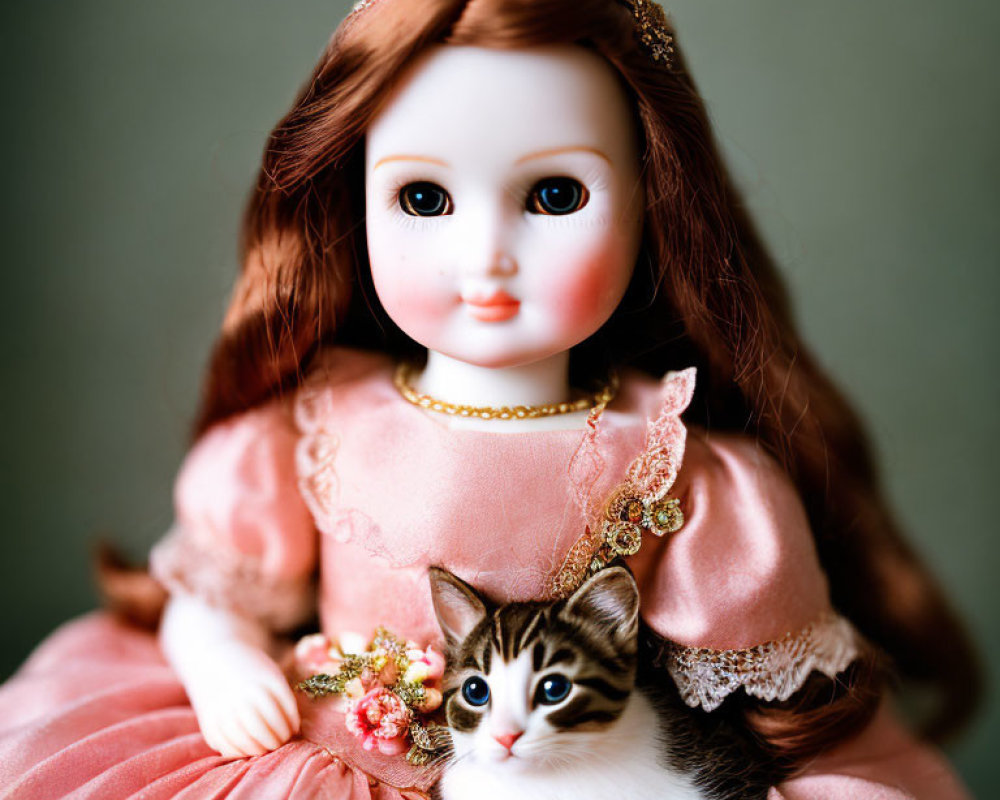 Porcelain doll in pink dress holding brown and white kitten