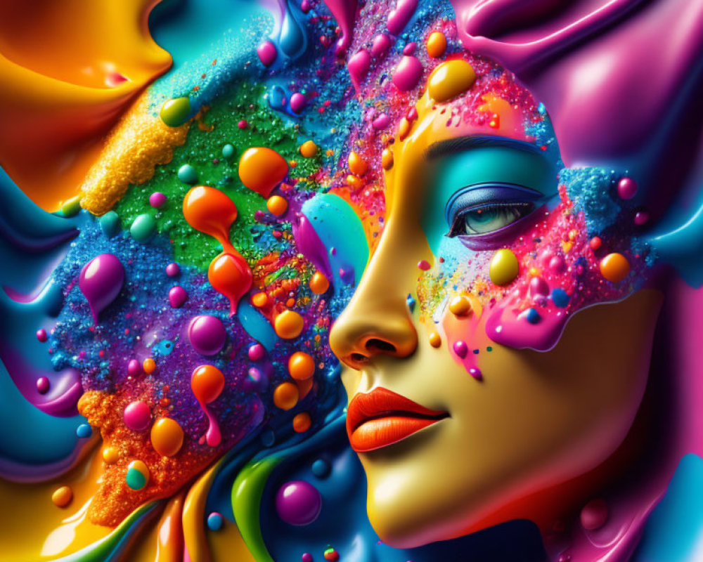 Colorful digital artwork: Woman's face with abstract liquid shapes