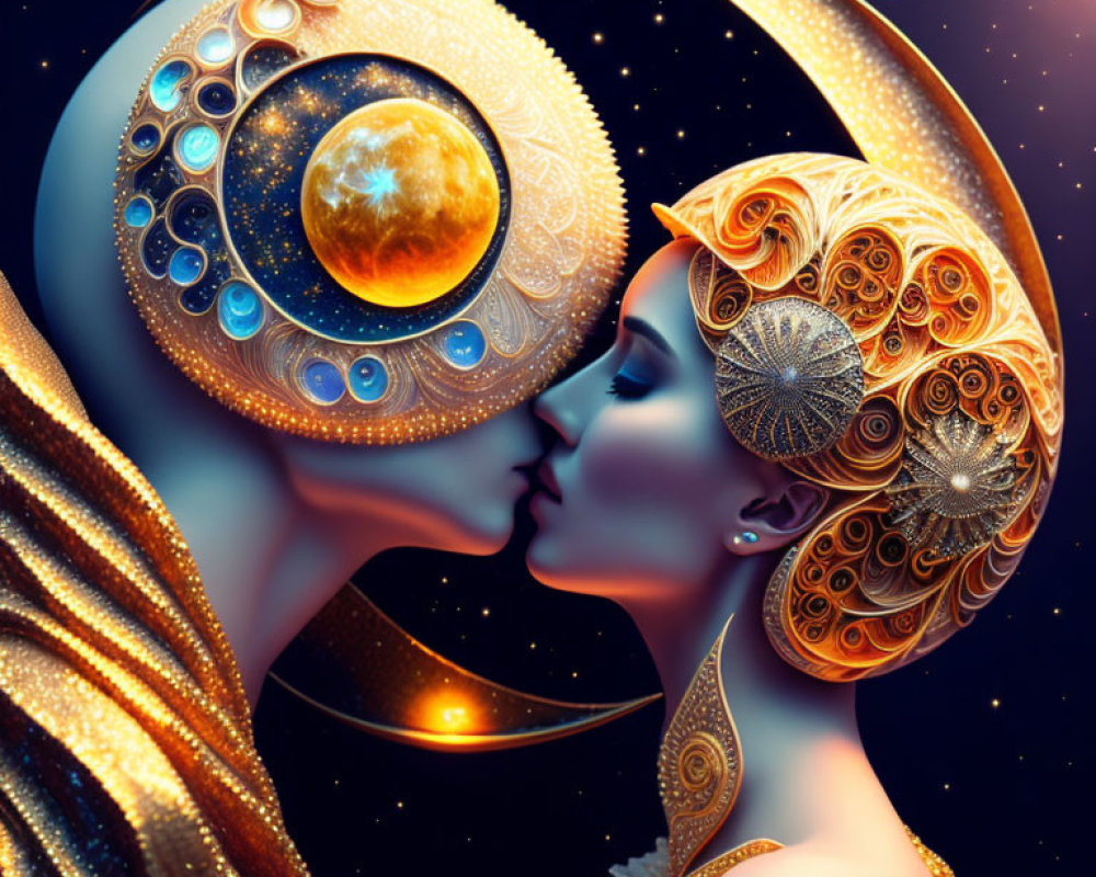 Stylized symbolic kiss with celestial and ornate designs