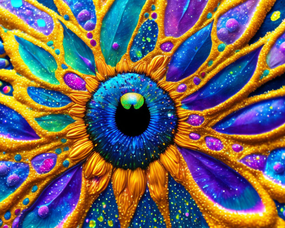 Colorful Mandala with Blue Center and Petals in Blue, Purple, Yellow, and Orange