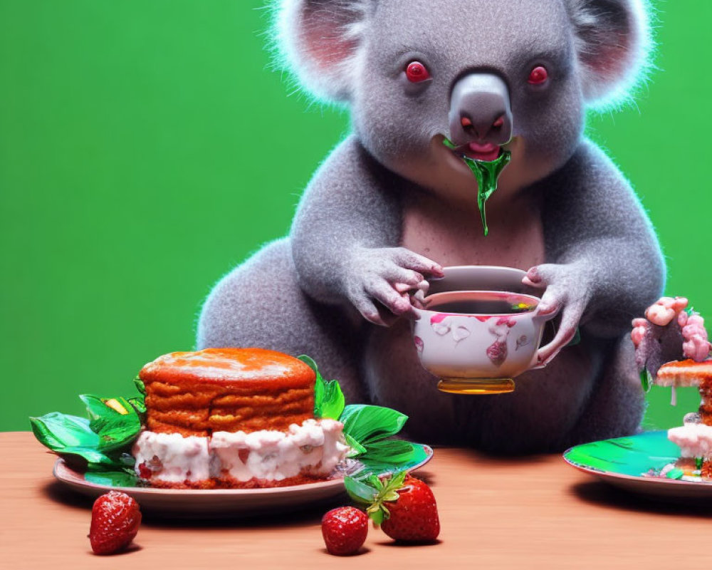 Whimsical koala with teacup and cakes on green background