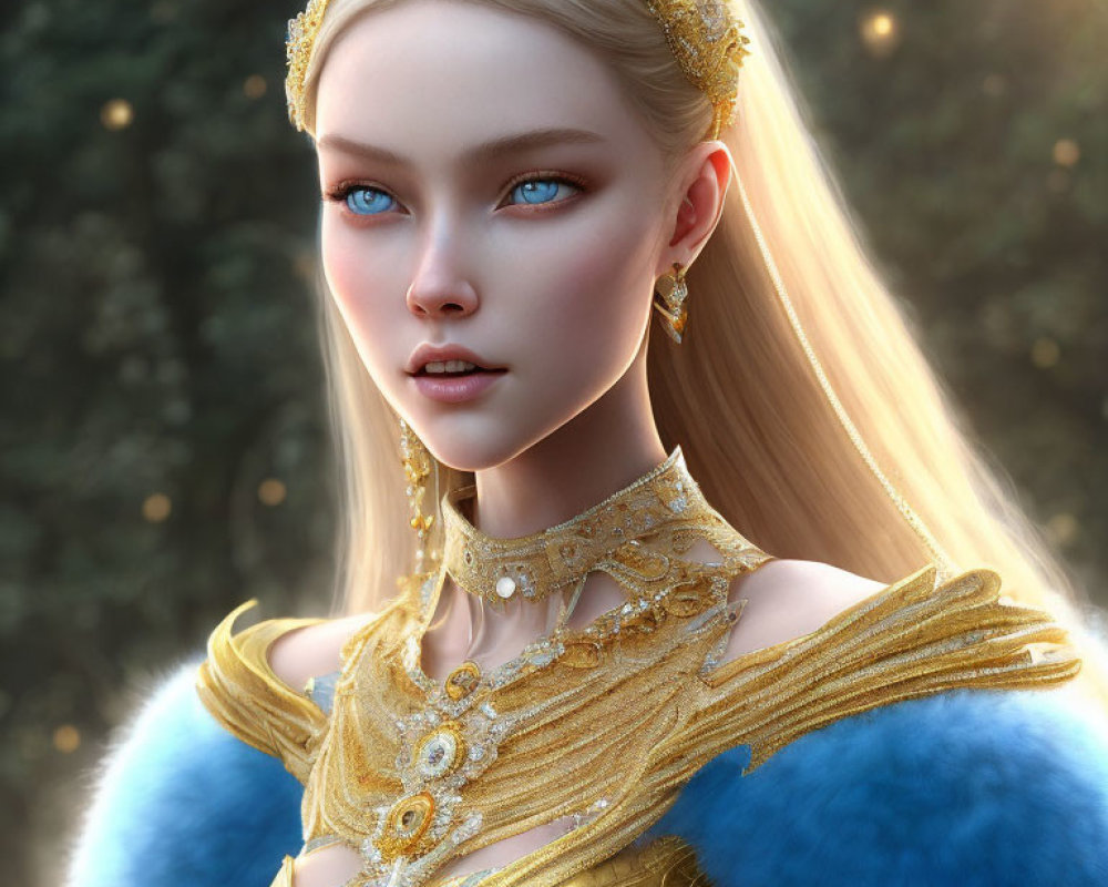 Portrait of woman with blue eyes, blonde hair, gold crown, jewelry, and fur-trimmed