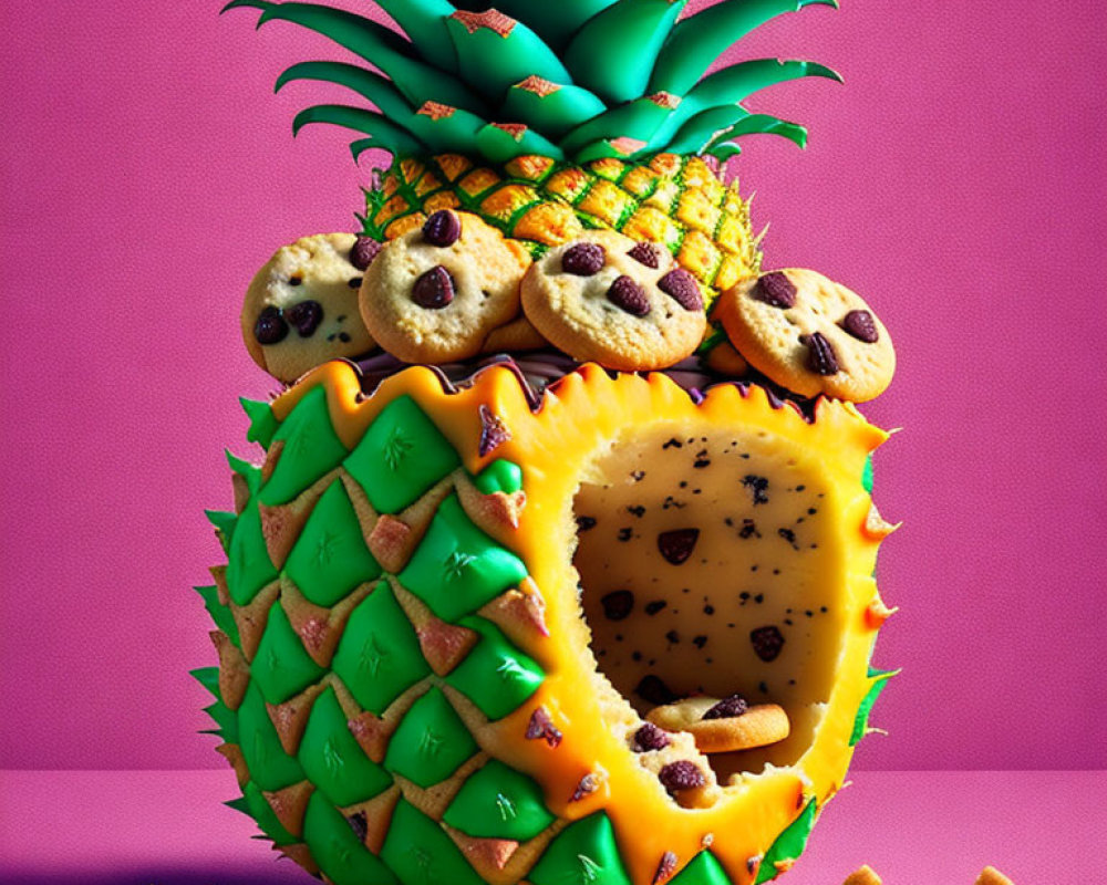 Pineapple transformed into a cookie jar with stacked cookies and cookie dough inside