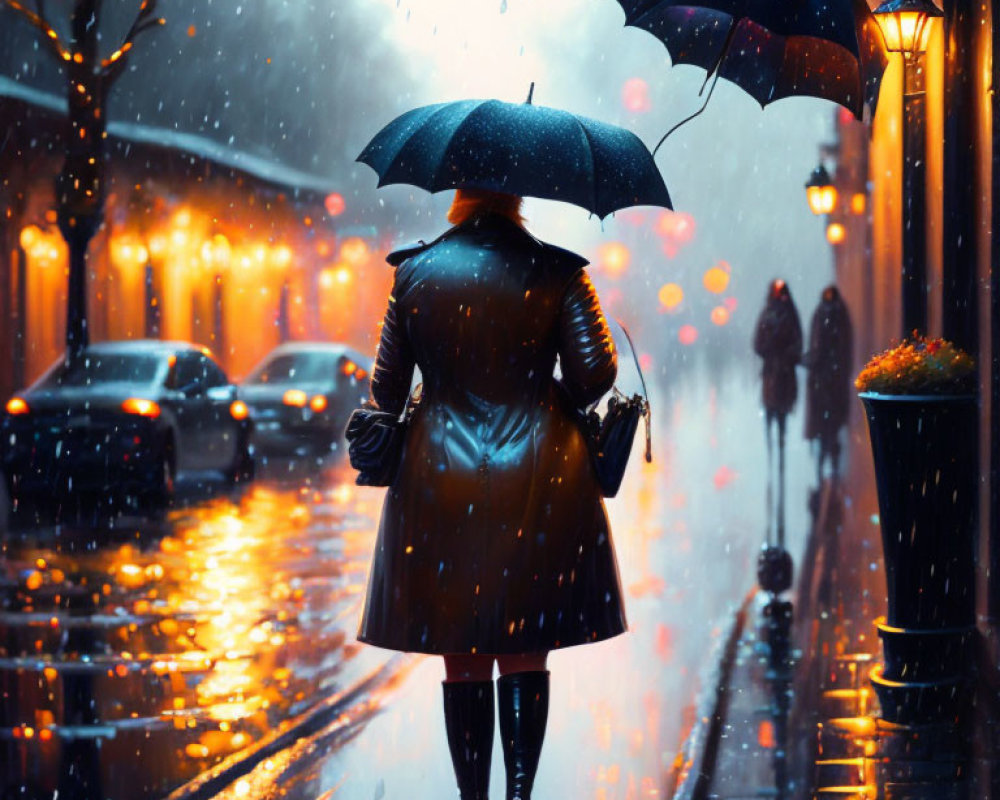 Night scene of person with umbrella on rainy street surrounded by street lamps and reflective surfaces