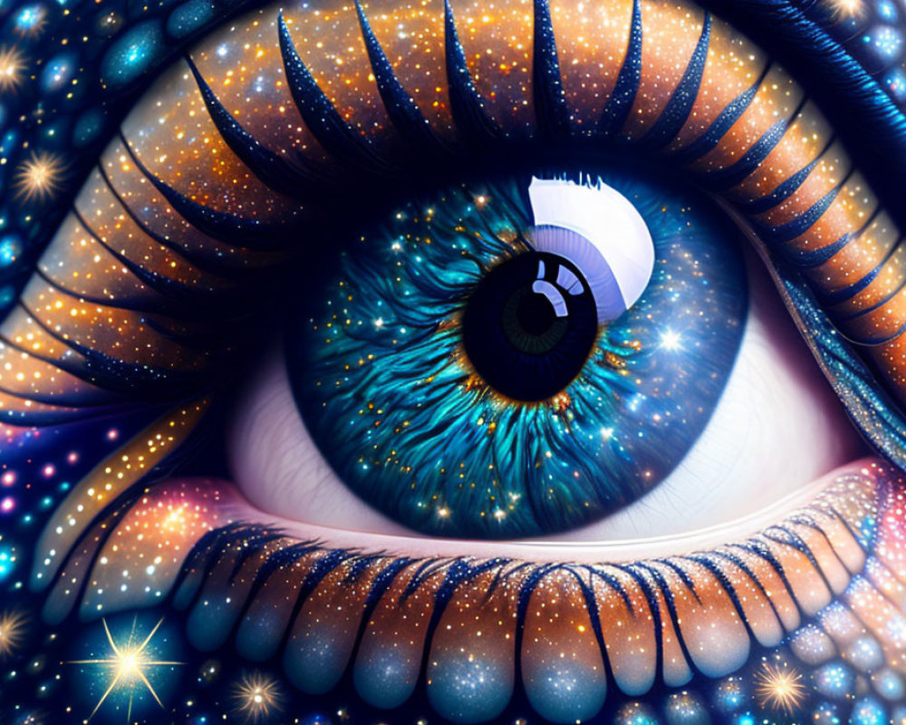 Digital artwork featuring human eye with galaxy-themed iris and cosmic patterns