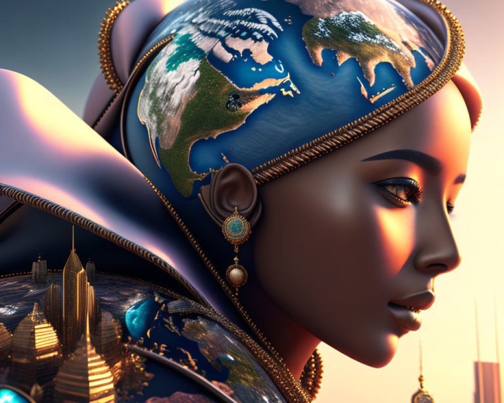 Digital artwork: Woman with Earth headdress in sunrise cityscape symbolizing unity and global stewardship.