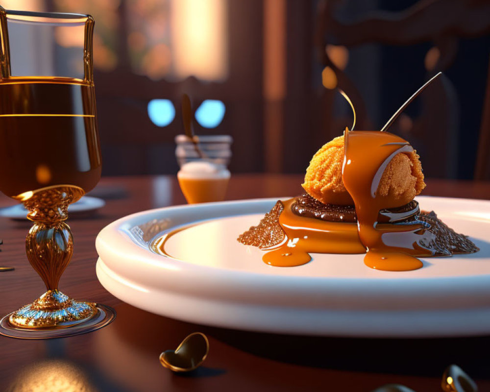 Sweet ice cream with caramel sauce and a drink on a plate in cozy evening setting