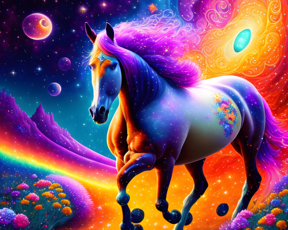 Majestic horse with purple mane in cosmic scene