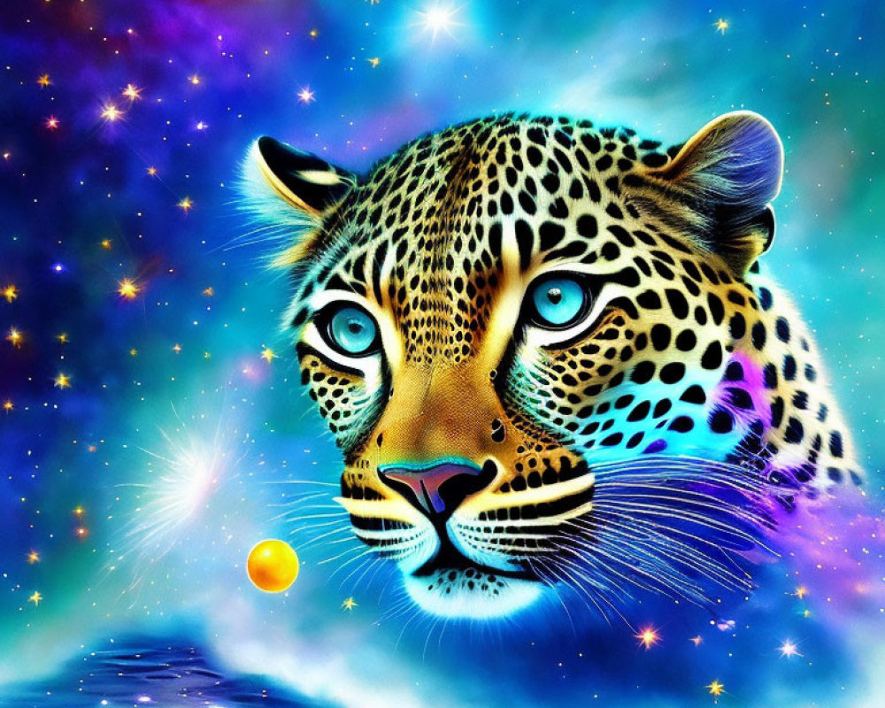 Colorful Leopard Face on Cosmic Background with Stars and Orb