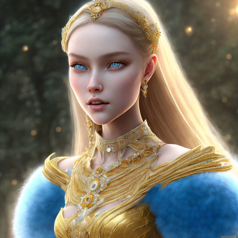 Portrait of woman with blue eyes, blonde hair, gold crown, jewelry, and fur-trimmed