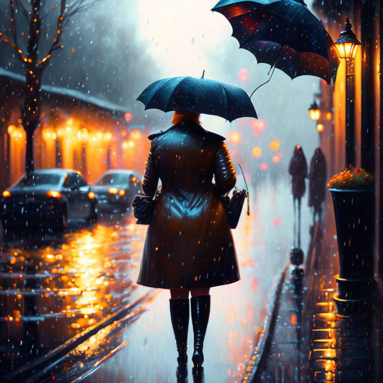 Night scene of person with umbrella on rainy street surrounded by street lamps and reflective surfaces