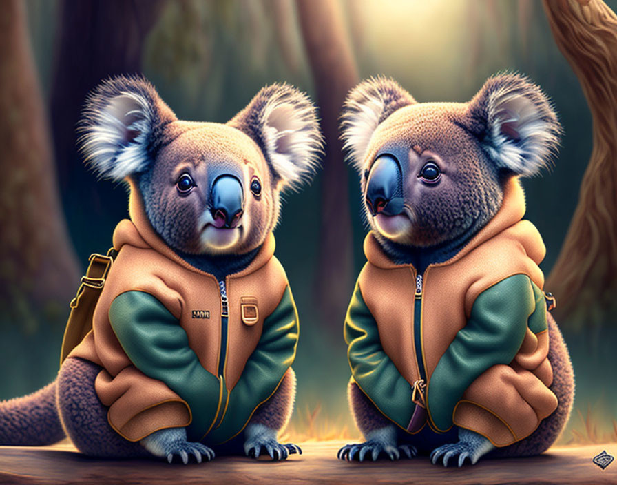 Illustrated koalas in stylish jackets sitting in forest setting