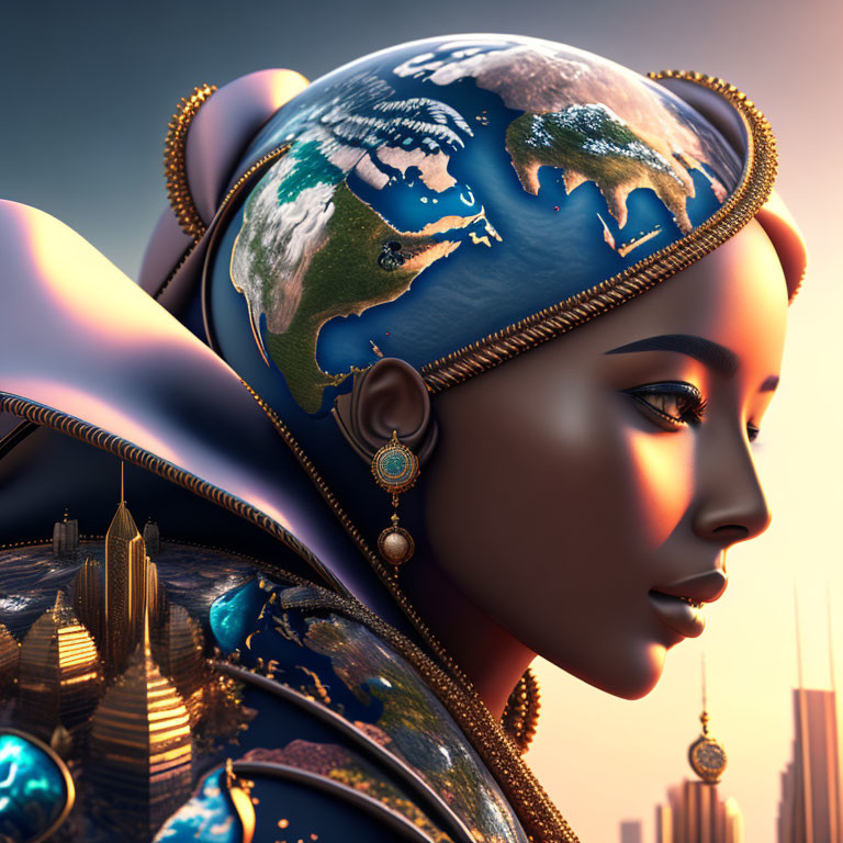 Digital artwork: Woman with Earth headdress in sunrise cityscape symbolizing unity and global stewardship.