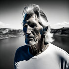 Elderly man with white hair in front of mountain landscape