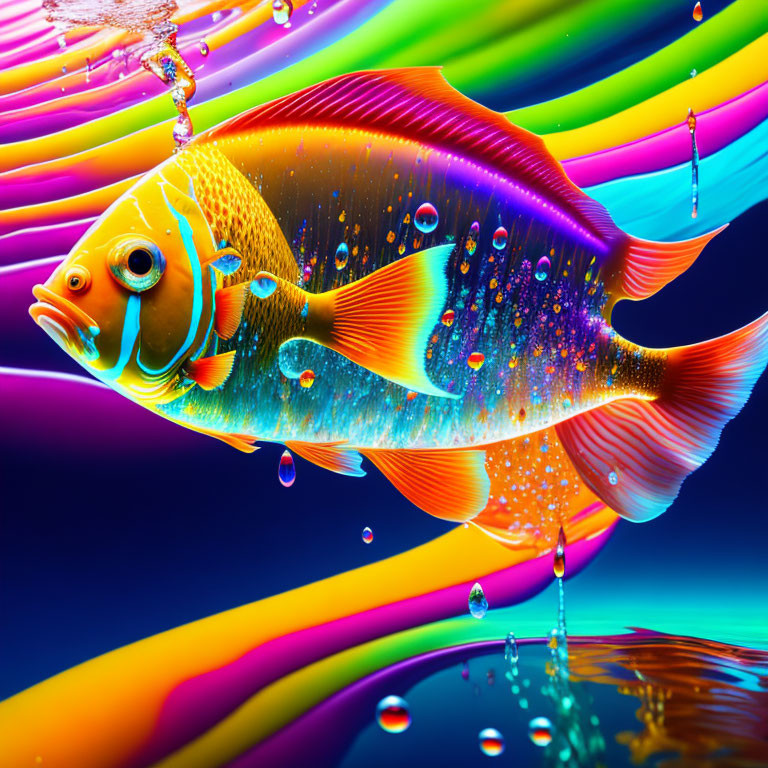 Colorful Fish Artwork with Sparkling Water Droplets and Rainbow Ribbons