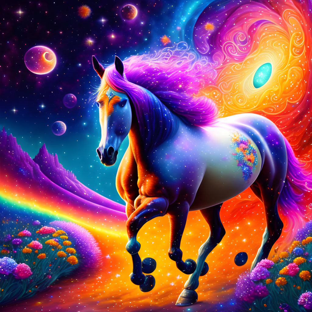 Majestic horse with purple mane in cosmic scene