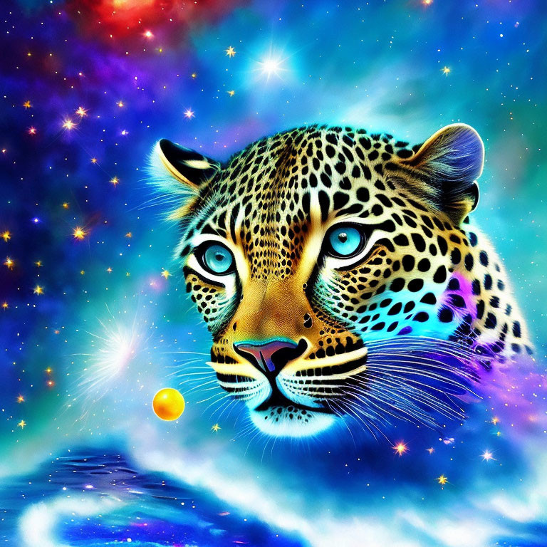 Colorful Leopard Face on Cosmic Background with Stars and Orb