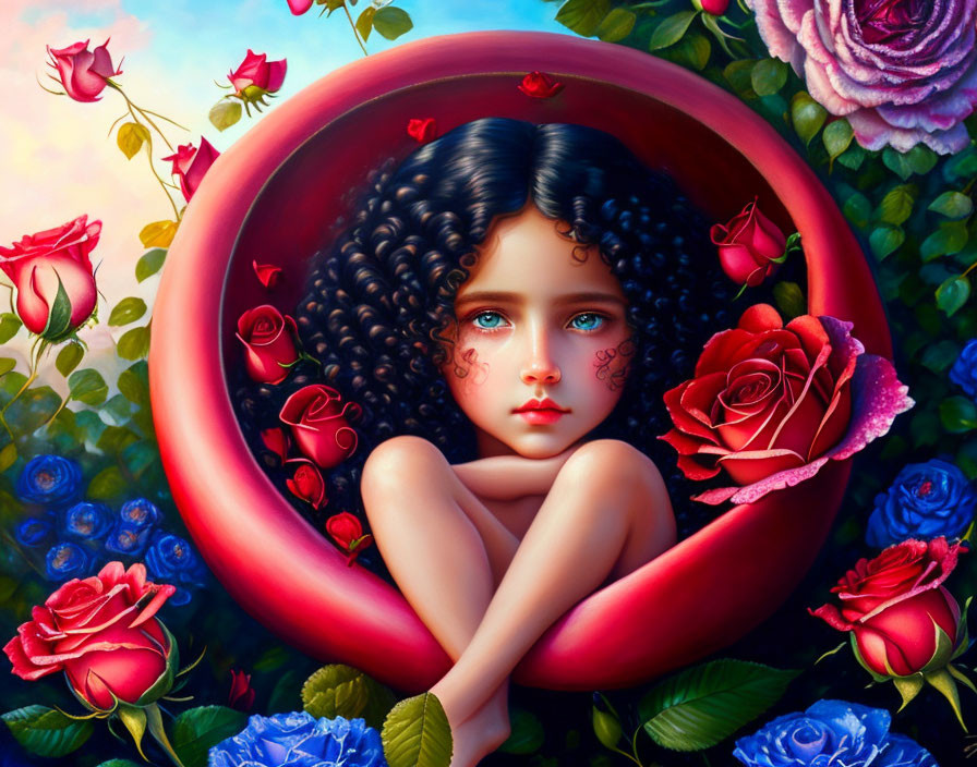 Surreal illustration: girl with blue eyes and curly hair in red circular frame with vibrant roses