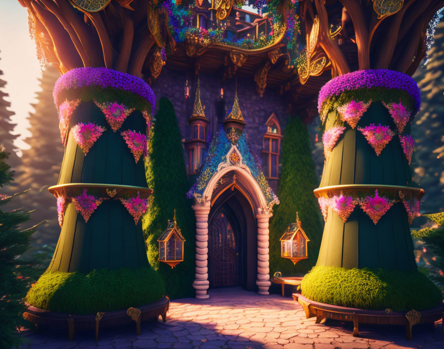 Ivy-covered fairytale castle in magical forest at sunset