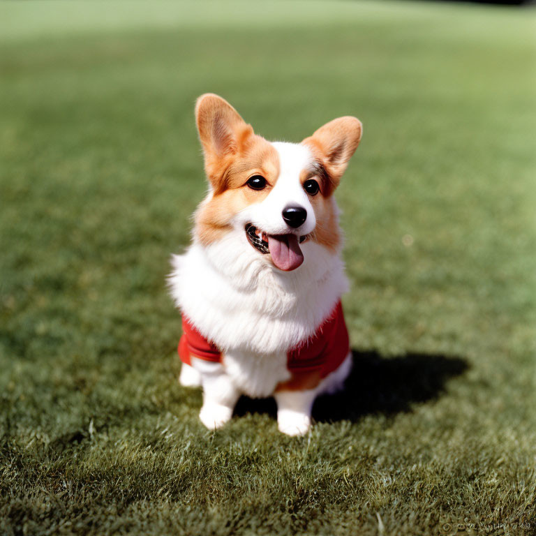 Smiling Corgi in Red Shirt Relaxing on Grass