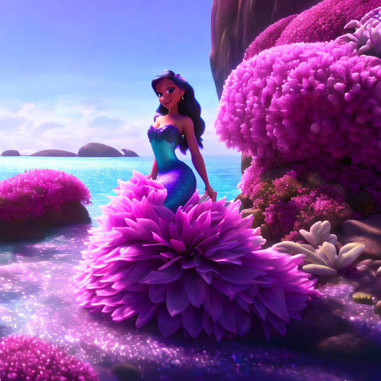 Purple-haired mermaid on pink flower in vibrant underwater scene