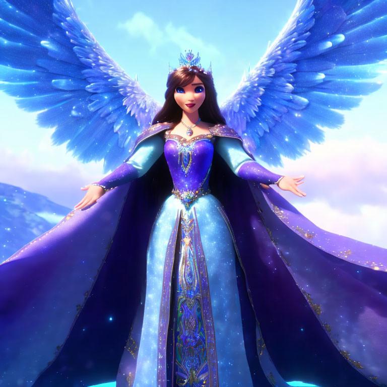 Radiant blue-winged character in purple dress with crown on mountainous backdrop