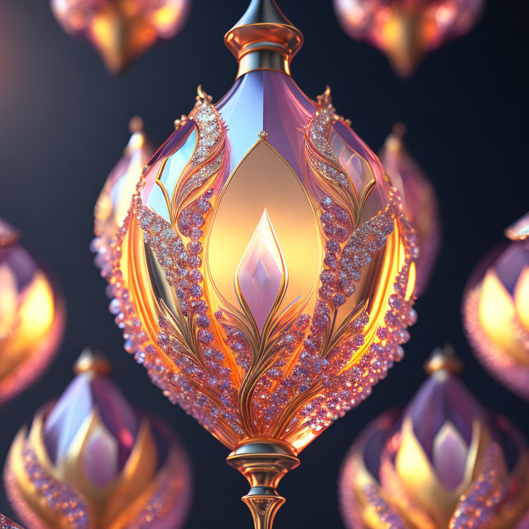 Golden lantern with glowing light against dark background.