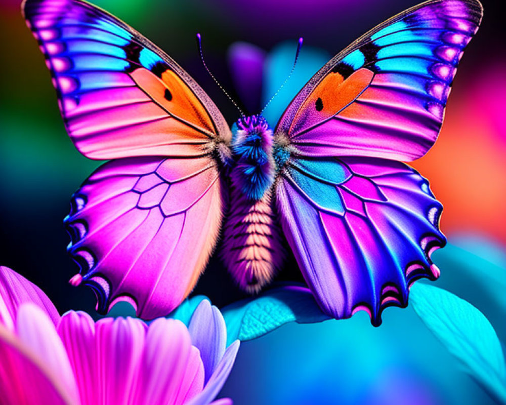 Colorful Butterfly Spread Wings on Pink and Blue Flowers