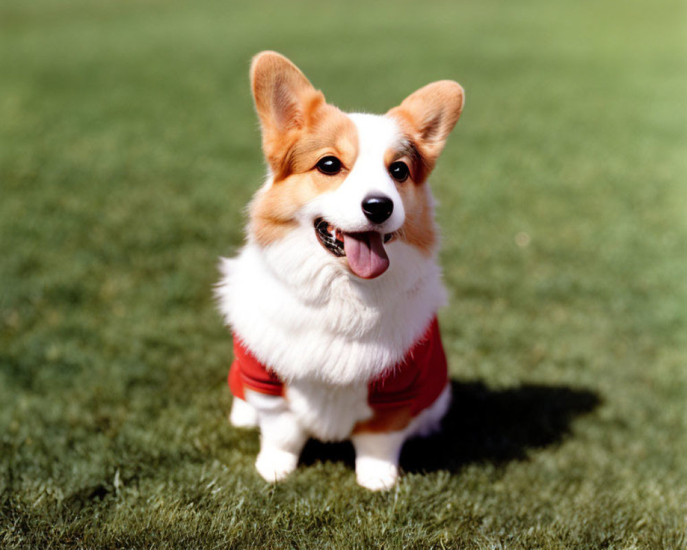 Smiling Corgi in Red Shirt Relaxing on Grass