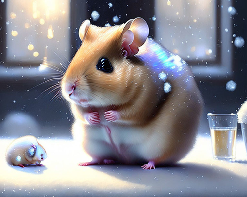 Illustrated hamster and snowman with beverage on snowy surface.