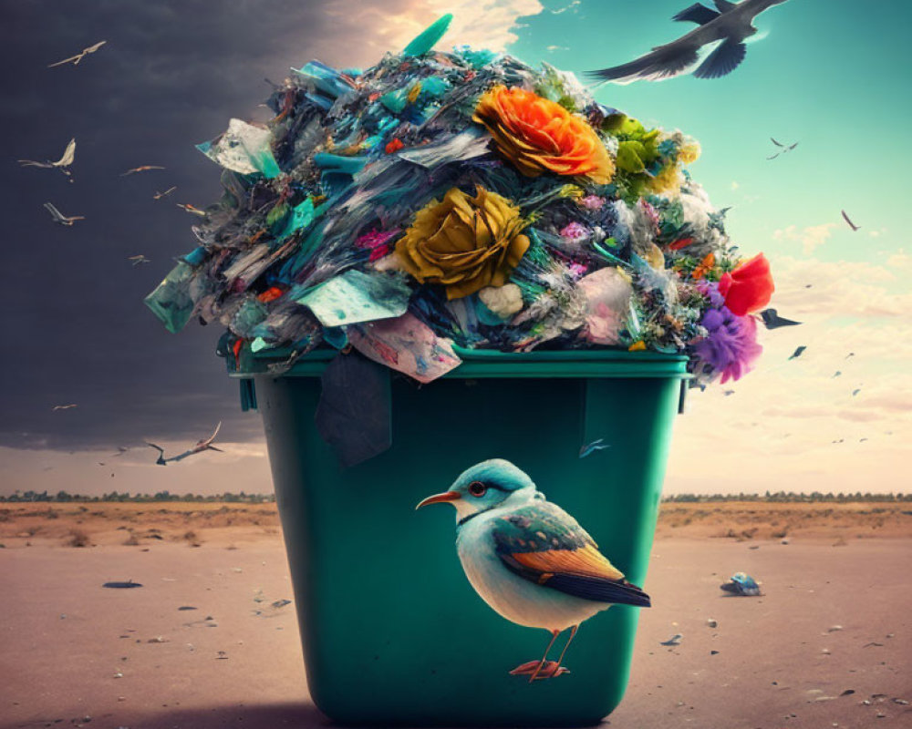 Colorful trash overflowing in green bin on desert landscape with birds flying around.