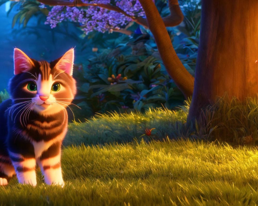 Curious striped cartoon kitten in vibrant forest scene