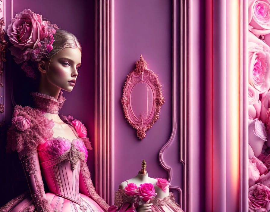 Victorian woman in pink dress next to mirror in rose room