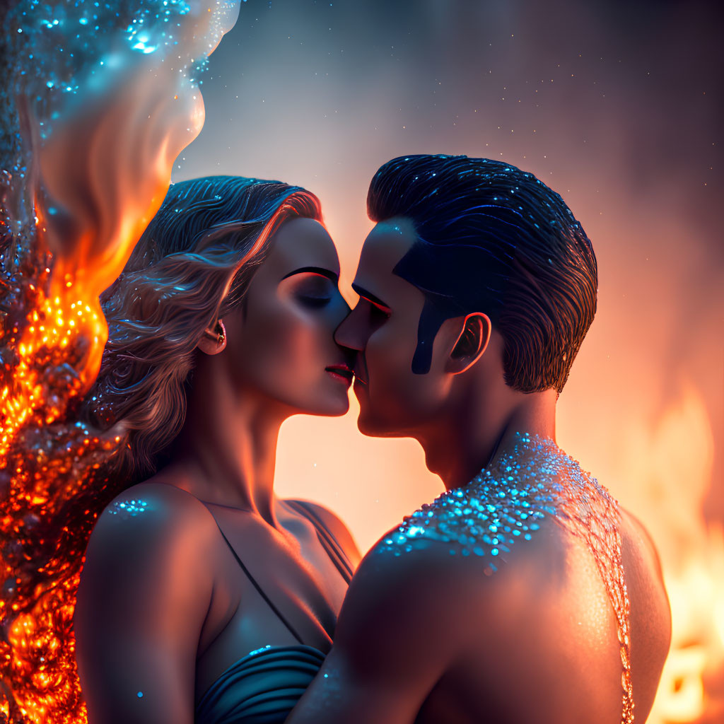 Stylized image of a couple with fiery and starry elements