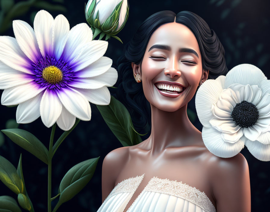 Smiling woman with white flowers on dark foliage background